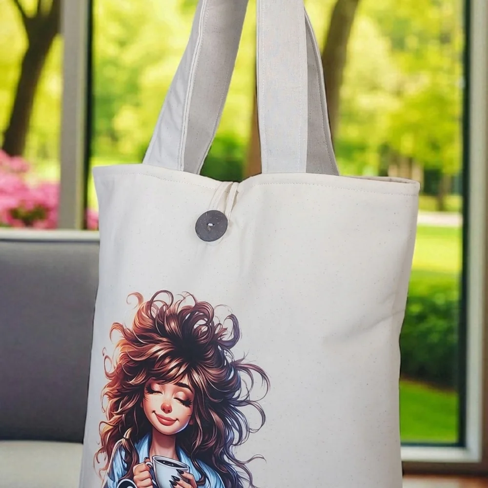 Classic White Canvas Tote Bag with Artistic Prints